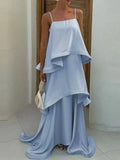 MQTIME  -  Summer Leisure Vacation Long Dress Elegant Sling Layered Satin Party Dress New Ladies Sleeveless Hollow Beach Maxi Dresses