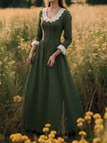 MQTIME  -  New European Lace Trim Solid Long Sleeve Dress French With Button Peter Pan Collar Green Maxi Dress Elegant Party Evening Gown