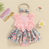 MQTIME  -  New Girl's Pit Strip Lace Splicing Flower Full Printed Flying Sleeve Jumpsuit Princess Style Cartoon Cute Climbing Dress