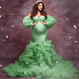 MQTIME  -   Luxury Mermaid Evening Dresses for Photoshoot Off Shoulder Ruffles Pregnant Women Robes Sexy Long Sleeves Maternity Gowns