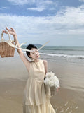 MQTIME  -  Casual Women's Pleated Cake Sundress Summer Vacation New Beige Sleeveless Temperament Elegant Round Neck Fashion Vest Dresses