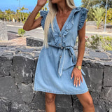 MQTIME  -  Elegant Lace-up Jeans Mini Dress Women 2024 Single Breasted Office Denim Dress Fashion Flying Sleeve V-neck Slim Commuter Dress