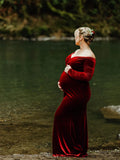  MQTIME  -  Velvet Maternity Off Shoulder Trailing Fitted Gown Maxi Photography Dress for Baby Shower Photo Props Dress