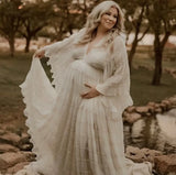 MQTIME  -  Boho Rustic Maternity Dress Photography Props Chiffon Pleated Slit Gown Pregnant Women V-neck Sexy Gypsy Gown Photoshoot Clothes