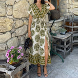 MQTIME  -  Geometric Pattern Printed Women's Dresses Bohemian Short Sleeved Loose Summer Dress Casual V-neck High Waist Split Beach Dress