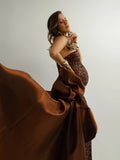 MQTIME  -  Elegant Strapless Sequin Maternity Gown Satin Bow - Formal Pregnancy for Wedding, Party, Prom Floor Length Brown Maternity Gown