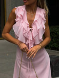  MQTIME  -  Summer New Style Pink Ruffled Lace Up Slim Fit Sleeveless Long Dress