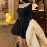 MQTIME  -  Women Rhinestone Mesh Off Shoulder Mini Dress Long Sleeve Autumn Winter French Style Elegant A Line Party Short Dresses 2 Colors