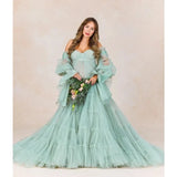 MQTIME  -  Elegant Tulle Maternity Dress for Photoshoot Ruffle Puff Sleeves Bridal Robe Maternity Gowns Green Pregnancy Photography Dresses