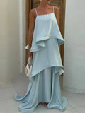 MQTIME  -  Summer Leisure Vacation Long Dress Elegant Sling Layered Satin Party Dress New Ladies Sleeveless Hollow Beach Maxi Dresses