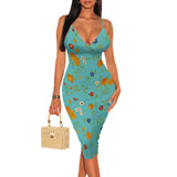 MQTIME  -  Women's Spaghetti Strap Sexy Bodycon Floral Print Midi Dress Deep V-Neck Sleeveless Cocktail Party Club Guest Dresses