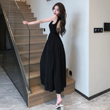 MQTIME  -  2024 Summer Style Open Back Dress with Black Hepburn Style, High end, Slim Fit, Beach Vacation Solid Color Long Dress for Women