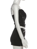 MQTIME  -  Puss Sexy Hipster 2-Piece Set Women Irregular Mesh Patchwork Camisole+Pu Bandage Peach Hip Skirt Slim Midnight Streetwear