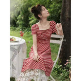 MQTIME  -  Red Gingham Checkered Dress With Lace Hem For Spring Summer Garden Outfits Women's Casual Floral Style Elegant Fit And Flare Mid