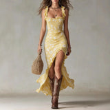  MQTIME  -  New Women's Bohemian Retro Ruffled Sleeveless Strap High-Split Dress
