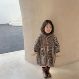 MQTIME  -  Baby Girls Plush Coats Autumn Winter Striped Woolen Jackets Children Hooded Outerwear Kids Warm Zipper Casual Clothing