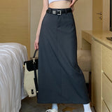 Mqtime Vintage Embroidery Solid Color Casual A-line Skirt Women  Spring New High Waist Fashion Split Mid-length Skirt