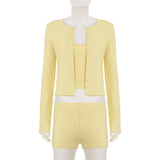 ﻿ MQTIME  -  Casual 3 Piece Set Camis Crop Tops + Long Sleeve Single Breasted Cardigans+ Shorts Fashion Women Solid Streetwear Suits Clubwear