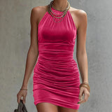  MQTIME  -  European and American Style Sleeveless Velvet Fashionable Slim Body Halter Neck Dress