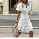 MQTIME  -  summer new Dress Women Lace Floral Mid Length Dresses Casual Slim Bodycon V Neck Short Sleeve Party Hollow Out A Line Vestidos