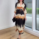 MQTIME  -  Elegant Print Long Dress Women Loose V Neck Long Sleeves High Waist Robe Female Spring Summer Fashion Chic Evening Dresses