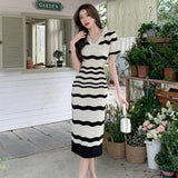 MQTIME  -  2024 summer new retro niche striped knitted dress with V-neck and short sleeves slim fit and slim fit, paired with Hepburn style