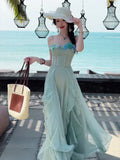 MQTIME  -  Elegant temperament Blue Ruffle Flower Strap Dress for Women 2025 New Seaside Vacation Style Beautiful Long Dress