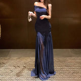 MQTIME  -  Mesh Navy Glitter Off Shoulder Mermaid Maxi Dress Women Ruched Bodycon Summer Sheer Elegant Slash Neck Long Evening Party Gown