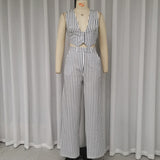 MQTIME  -  Women 2 Piece Set Summer Office Striped Print Sleeveless V Neck Single Breasted Button Vest Top Loose Wide Legs Pants Set