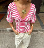 MQTIME  -  Striped V Neck Short Sleeve Top Women Elegant Wrap Front Slim Fit Casual Tee Summer New Lady Chic Commute Street Outerwear