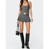 MQTIME  -  Women Summer Y2k American Retro College Preppy Style Plaid Print Pleated Mini Skirts Low Waist Gingham A-line Skirts