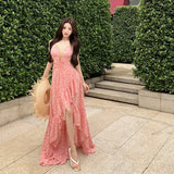 MQTIME  -  Chic Backless Maxi Dresses Women Print Sexy V Neck Suspender Irregular Ruffles Vestidos Beach Vacation Elegant Dresses
