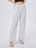  MQTIME  -  Women Sequin Wide Leg Pants Stretchy High Waist Loose Straight Trousers Club Party Elegant Long Pants Streetwear