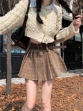 MQTIME  -  Preppy Style Plaid Skirt Women Brown High Street Pleated Mini Skirt Y2k Vintage Autumn Winter Belt Korean Fashion Outfit