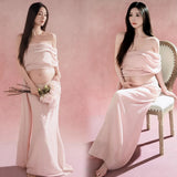  MQTIME  -  Summer Maternity Photoshoot Dress Elegant Pink 2 Piece Outfit Top and Long Skirt for Pregnant Women Baby Shower Home Studio