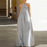 MQTIME  -  Spring Criss-cross Halter Backless Women Dress Fashion Striped Print Hollow Long Party Dress Summer Sleeveless Pocket Maxi Dress