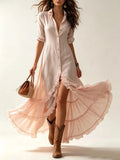 MQTIME  -  Women Long Sleeve Button Shirt Dress New Solid Down Ruffle High Low Hem Flowy Maxi Dress Casual Beach Vacation Boho A-Line Dress