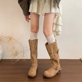 MQTIME  -  Women's Boots Autumn/Winter Retro Brushed and Used Long Leg Motorcycle Boots Women's Coarse Heel Middle Leg Boots