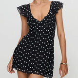 MQTIME  -  Luxury Women Casual Dot Print Short Dress Lace Slim V Neck Flying Sleeve A-line Mini Dress for Daily Party Club