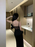 MQTIME  -  Summer Retro Black Sleeveless Sex Club High Split Slip Long Dress 2024 Fashion Women Elegant Backless Evening Party Lace Dresses