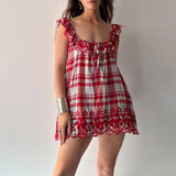 MQTIME  -  Sweet Playful Suspenders Beach Dress Plaid Print Sleeveless Loose Women's Short Dress Sexy Ruffle Edge Holiday Mini Dresses