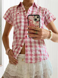 MQTIME  -  Women s Button Down Shirt Casual Contrast Color Plaid Lapel V Neck Short Sleeve Tops for Summer