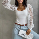 MQTIME  -  Summer Sexy Lace Long Sleeve Bodysuits Autumn New Solid Knitted Spliced Jumpsuits Elegant Lady Slim V-neck See-through Rompers