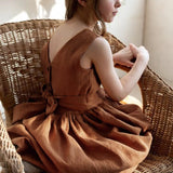 MQTIME  -  Vintage Cotton Linen Girls Sleeveless Dress Chic Open Back Buttons Bandage Bow Sweet Loose Wending Evening Party Dresses