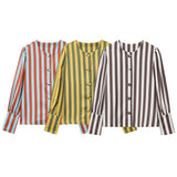 MQTIME  -  Autumn New Female Chic Blouse Women's Loose Fit Striped Print Shirt O-neck Puff Sleeve Single Breasted Simple Casual Top