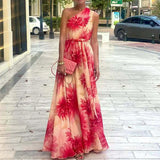 MQTIME  -  Casual Sleeveless Pleated Bohe Dress Sexy Slanting Shoulder Big Swing Long Dress Women Elegant Pattern Print Lace-Up Party Dress
