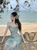 MQTIME  -  French tie dyed flower suspender chiffon dress for women's summer vacation dress backless fishtail dress
