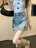 MQTIME  -  Retro Bow Embroidery Denim Mini Skirt Washed Make Old Summer High Waiste A-line Skirt Korean Fashion Cutecore Clothing