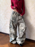 MQTIME  -  Retro Washed Embroidery Branches Camouflage Jeans Wide-leg Casual Baggy Jeans Women