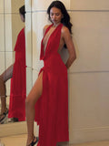 MQTIME  -  Mesh Sexy Deep V Neck Halter Maxi Dress Women Thigh Split Elegant Backless Sleeveless Off-shoulder Club Party Dress